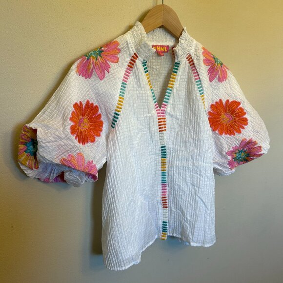 THML White Embroidered Puff Sleeve Top Size Extra Small - Picture 3 of 16